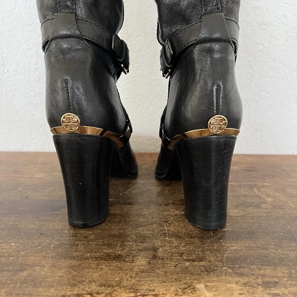 Tory‎ Burch Livingston Leather Riding Boot Black Equestrian Heel Tall Buckle 7.5